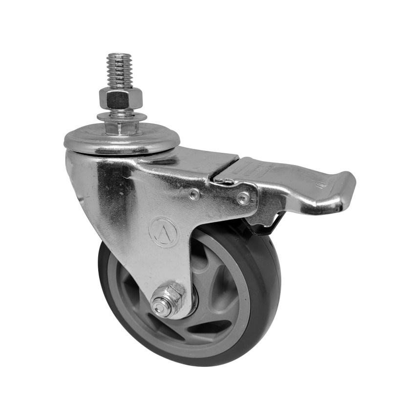 A09240-GRF - Rodízio de PVC cinza - 4" - giratório com rosca e freio