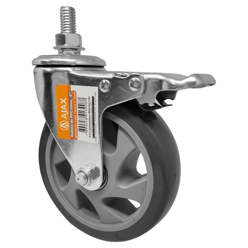 A09250-GRF - Rodízio de PVC cinza - 5" - giratório com rosca e freio