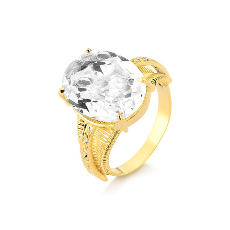 Anel aramado em ouro 18 kt com diamantes e cristal de rocha