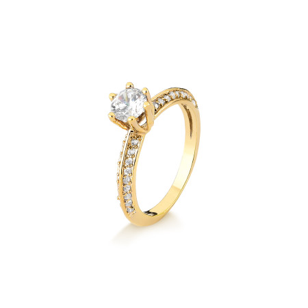 Anel solitário em ouro amarelo 18 kt com pedras de zircônia