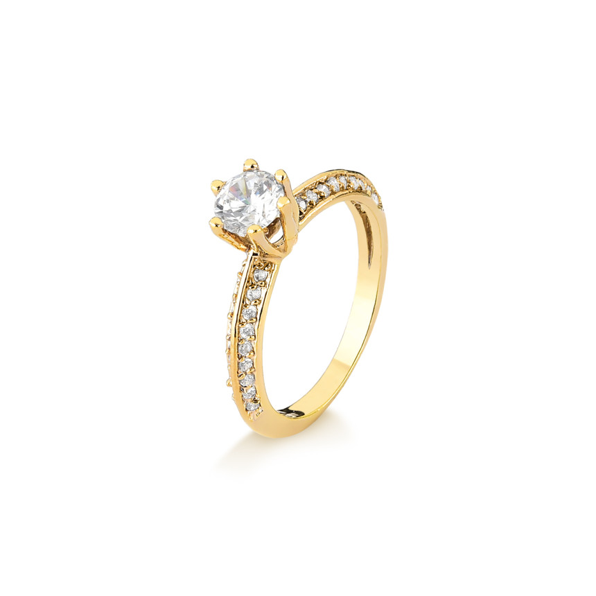 Anel solitário em ouro amarelo 18 kt com pedras de zircônia