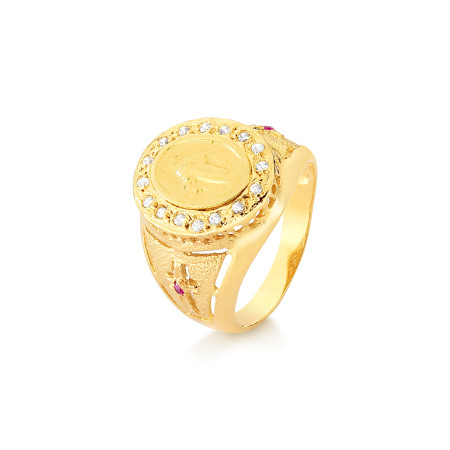 Anel Nossa Sra. das Graças em ouro amarelo 18 kt e diamantes 2 rubis