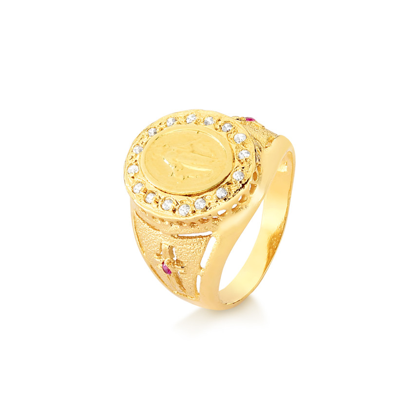 Anel Nossa Sra. das Graças em ouro amarelo 18 kt e diamantes 2 rubis