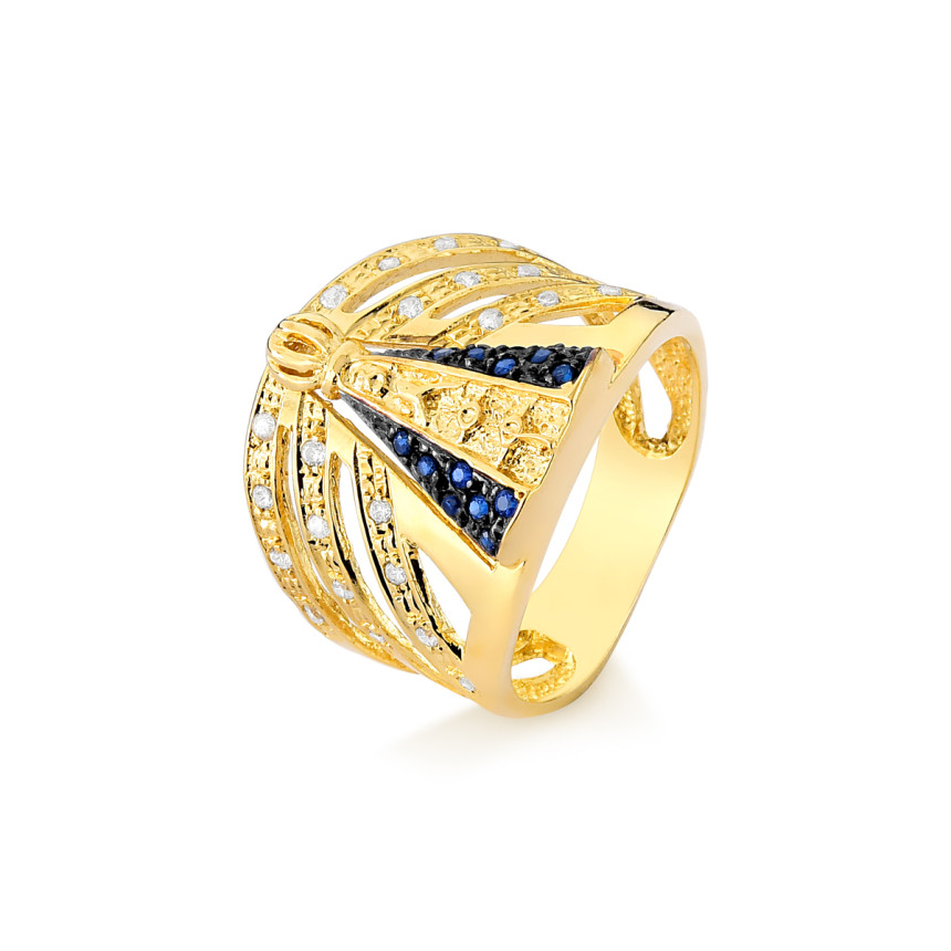Anel Nossa Senhora Aparecida em ouro 18 kt com diamantes e safiras