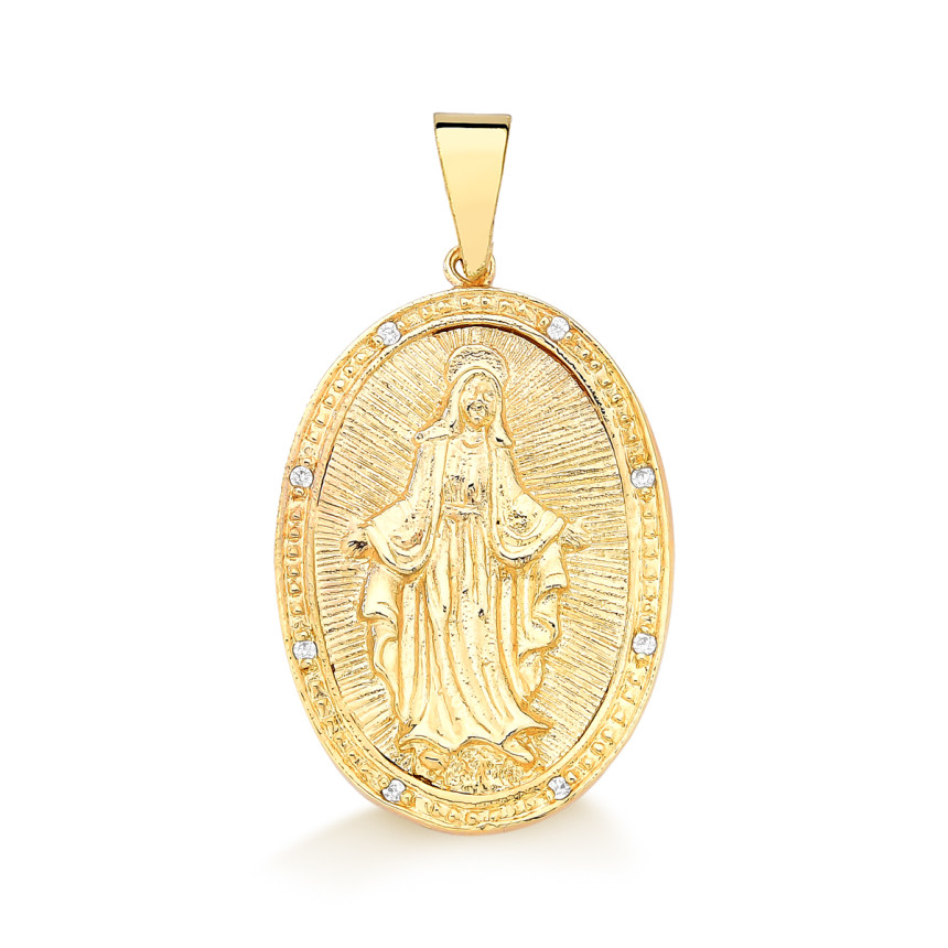 Pingente Nossa  Sra das Graças em ouro 18 kt com 8 diamantes