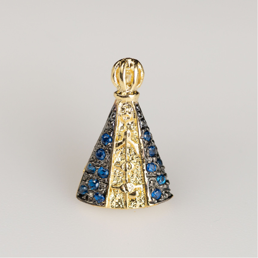 pingente Nossa Senhora Aparecida em ouro 18 kt com safiras
