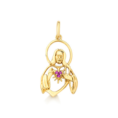 Pingente Sagrado Coração de Jesus em ouro 18 kt com rubis