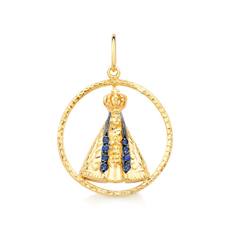 Pingente Nossa Senhora Aparecida em ouro 18 kt e safiras
