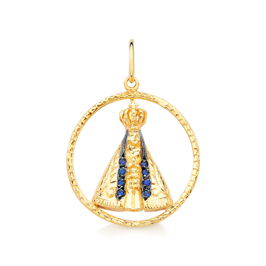 Pingente Nossa Senhora Aparecida em ouro 18 kt e safiras