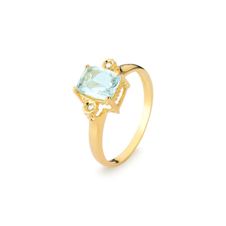 Anel em ouro amarelo 18 kt com diamantes e 1 agua marinha