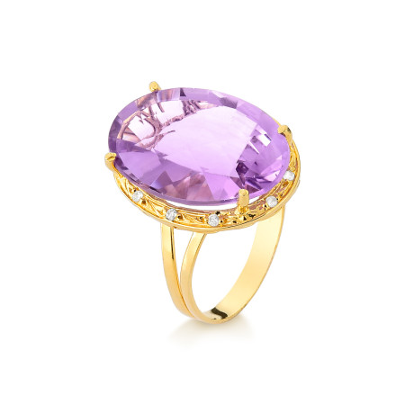 Anel em ouro 18 kt com diamantes e ametista natural