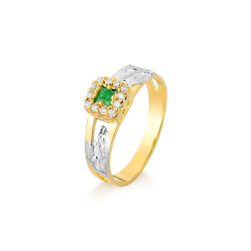 Anel de formatura em ouro amarelo com brilhantes e esmeralda