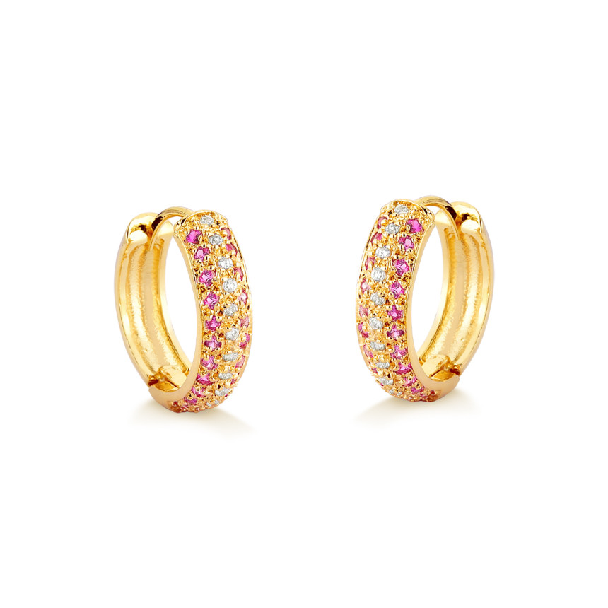 Brincos em ouro amarelo com brilhantes e rubis