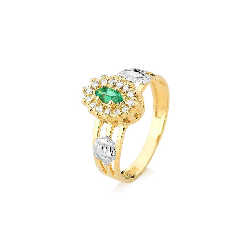 Anel de formatura em ouro amarelo com brilhantes e 1 esmeralda