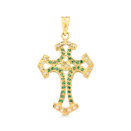 Pingente em ouro amarelo com brilhantes e esmeraldas