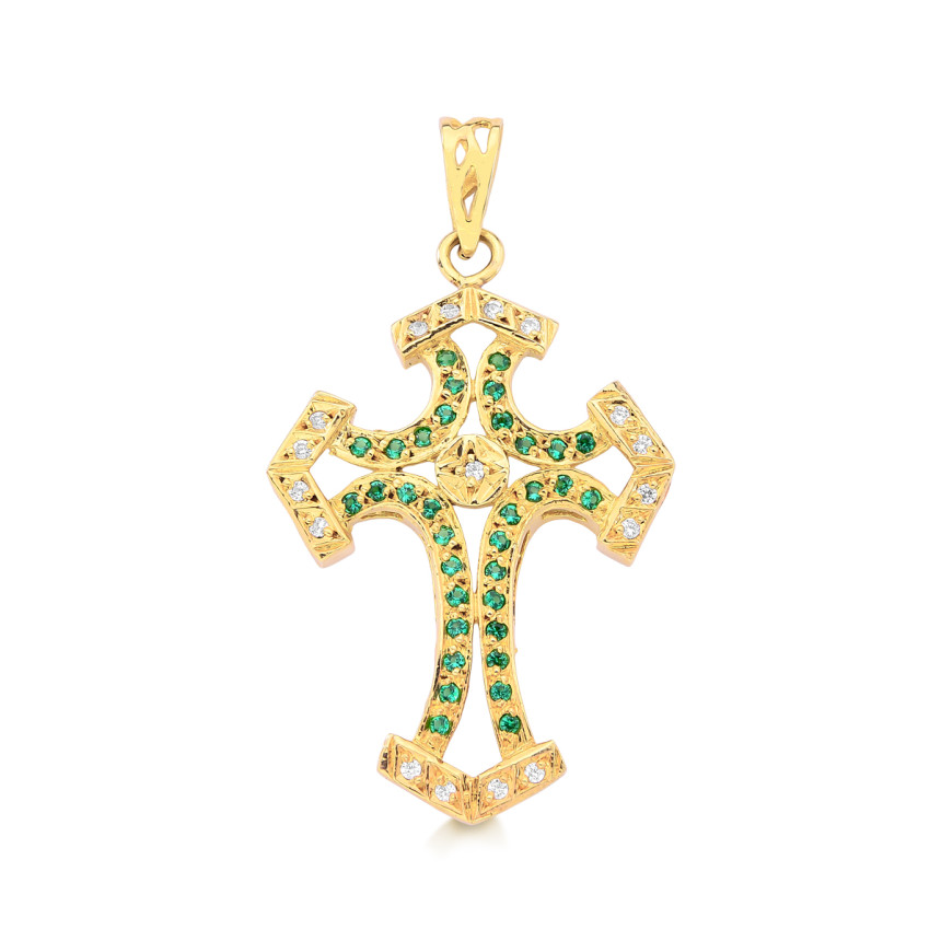 Pingente em ouro amarelo com brilhantes e esmeraldas