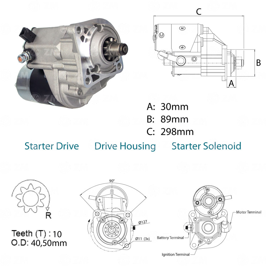 Motor de Partida ZM 80.140.08 12V 10D CATERPILLAR - LD ESQ