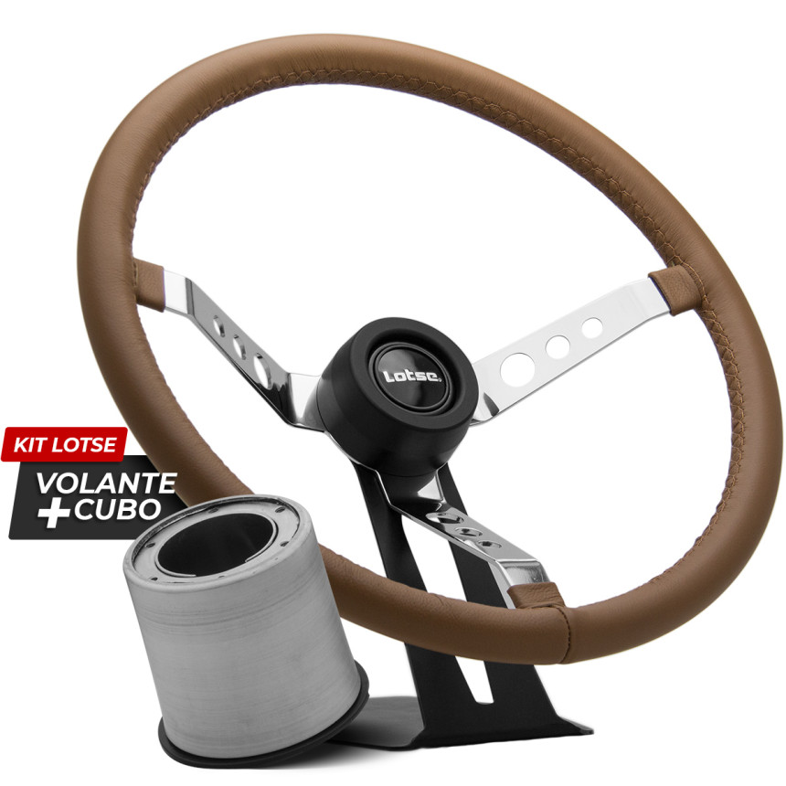 Kit cubo + Volante Lotse Big Block S em aço cromado e couro marrom