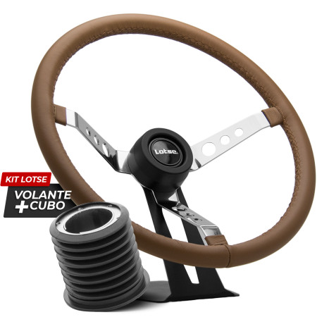 Kit cubo + Volante Lotse Big Block S em aço cromado e couro marrom
