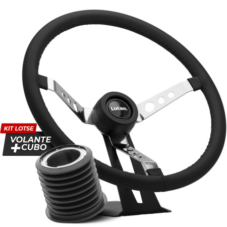Kit cubo + Volante Lotse Big Block S em aço cromado e couro preto