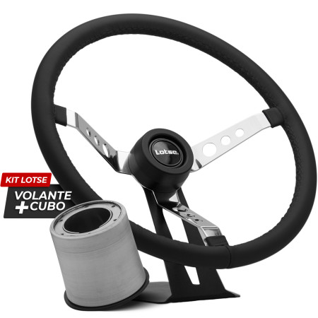Kit cubo + Volante Lotse Big Block S em aço cromado e couro preto