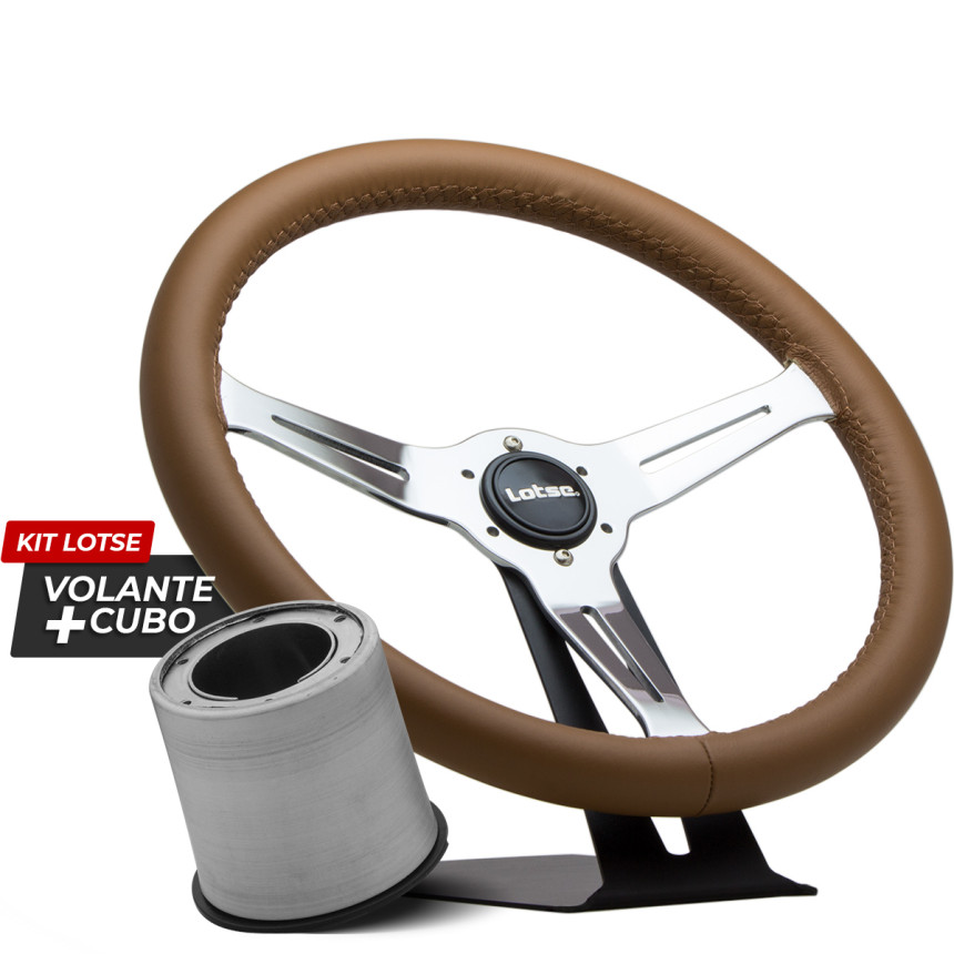 Kit cubo + Volante Lotse Class Light em aço cromado e couro marrom