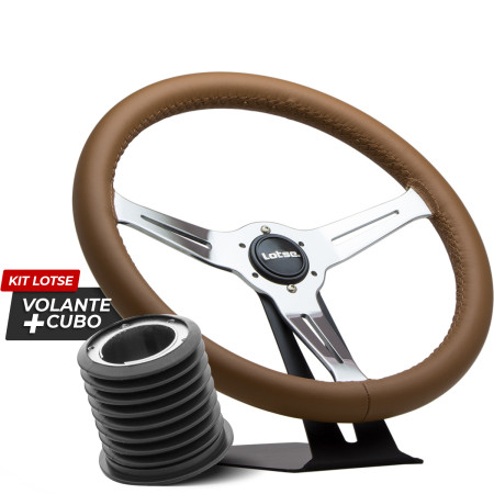 Kit cubo + Volante Lotse Class Light em aço cromado e couro marrom