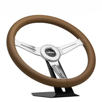 Volante Lotse Class em aço cromado e couro marrom (com aplique central)