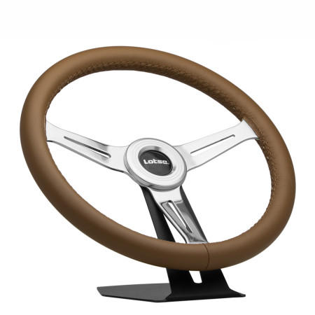Volante Lotse Class em aço cromado e couro marrom (com aplique central)