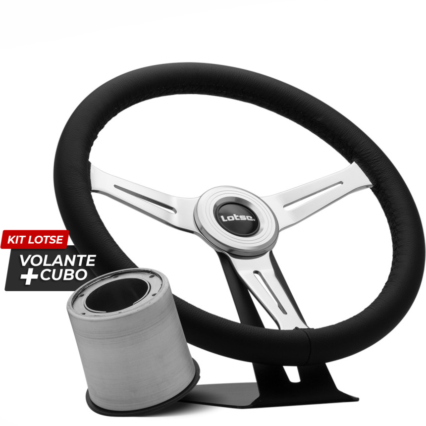 Kit cubo + Volante Lotse Class em aço cromado e couro preto (com aplique central)