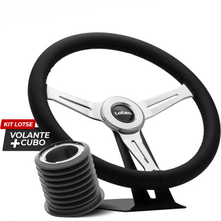 Kit cubo + Volante Lotse Class em aço cromado e couro preto (com aplique central)