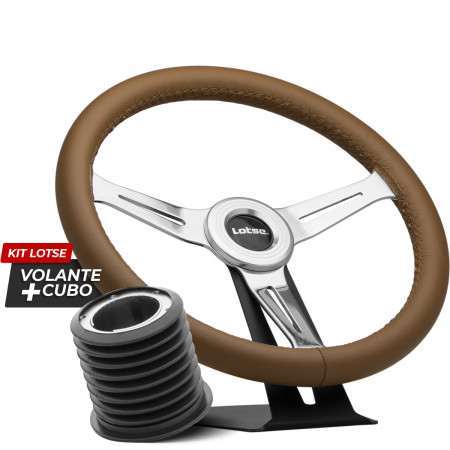 Kit cubo + Volante Lotse Class em aço cromado e couro marrom (com aplique central)