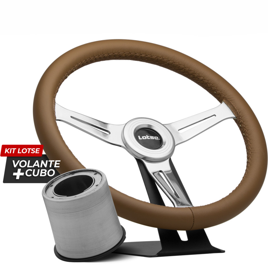Kit cubo + Volante Lotse Class em aço cromado e couro marrom (com aplique central)