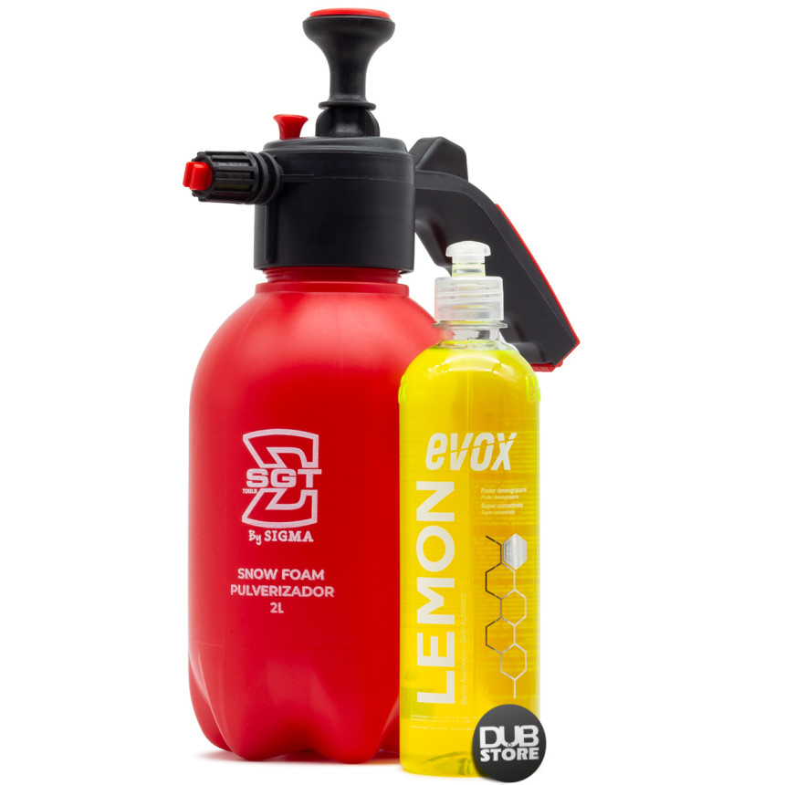 Kit pulverizador manual e shampoo desengraxante Lemon Evox (Snow Foam)