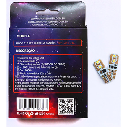 Kit Lâmpadas LED Suprema Canbus Aparte Lumen (pingo T10)