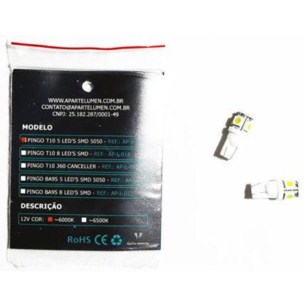 Kit Lâmpadas 5 LED’s SMD 5050 Aparte Lumen (pingo T10)