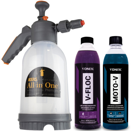 Kit pulverizador manual e shampoo neutro V-Floc + shampoo desengraxante Moto-V Vonixx (Snow Foam Kers)