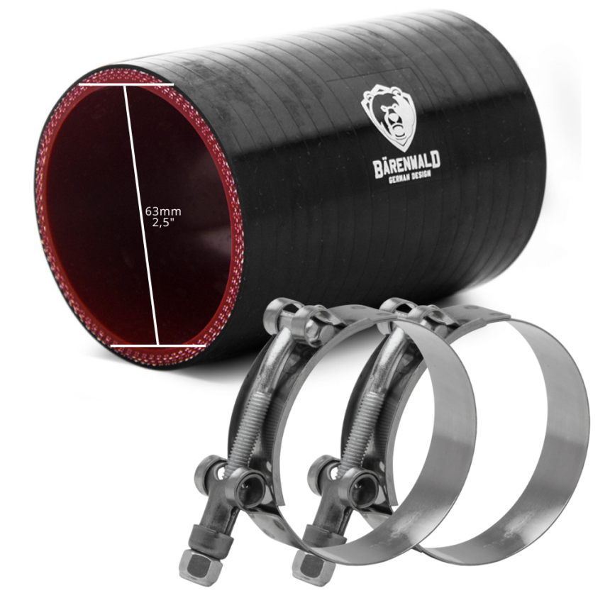 Kit Mangote de silicone reto 2,5" (63mm) x 100mm Bärenwald preto com Abraçadeiras Tucho Inox