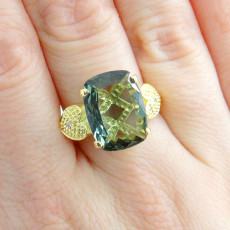 Anel com Diamantes e Cristal Prasiolita, em Prata 925 Folheado a Ouro