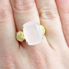 Anel com Diamantes e Quartzo Rosa, em Prata 925 Folheado a Ouro