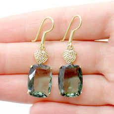 Par de Brincos com Diamante e Cristal Prasiolita, em Prata 925 Folheado a Ouro