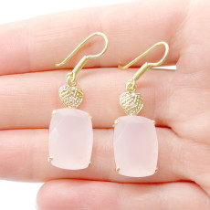 Par de Brincos com Diamante e Quartzo Rosa, em Prata 925 Folheado a Ouro