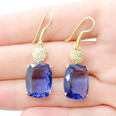 Par de Brincos com Diamante e Cristal Tanzanita, em Prata 925 Folheado a Ouro