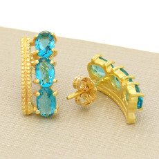 Parde Brincos com Topázio Azul, em Prata 925 Folheado a Ouro