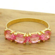 Meia Aliança com 4 Cristais de Rubelita, em Ouro Amarelo 18 Kilates