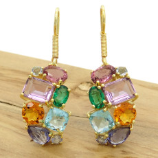 Par de Brincos com Mix de Gemas Brasileiras, em Prata 925 Folheado a Ouro