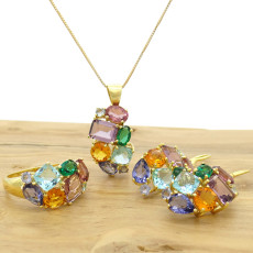 Conjunto com Mix de Gemas Brasileiras, em Prata 925 Folheado a Ouro