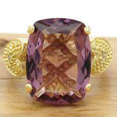 Anel com Diamantes e Cristal Ametista, em Prata 925 Folheado a Ouro