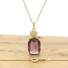 Pingente com Diamante e Cristal Ametista, em Prata 925 Folheado a Ouro