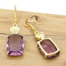 Par de Brincos com Diamante e Cristal Ametista, em Prata 925 Folheado a Ouro